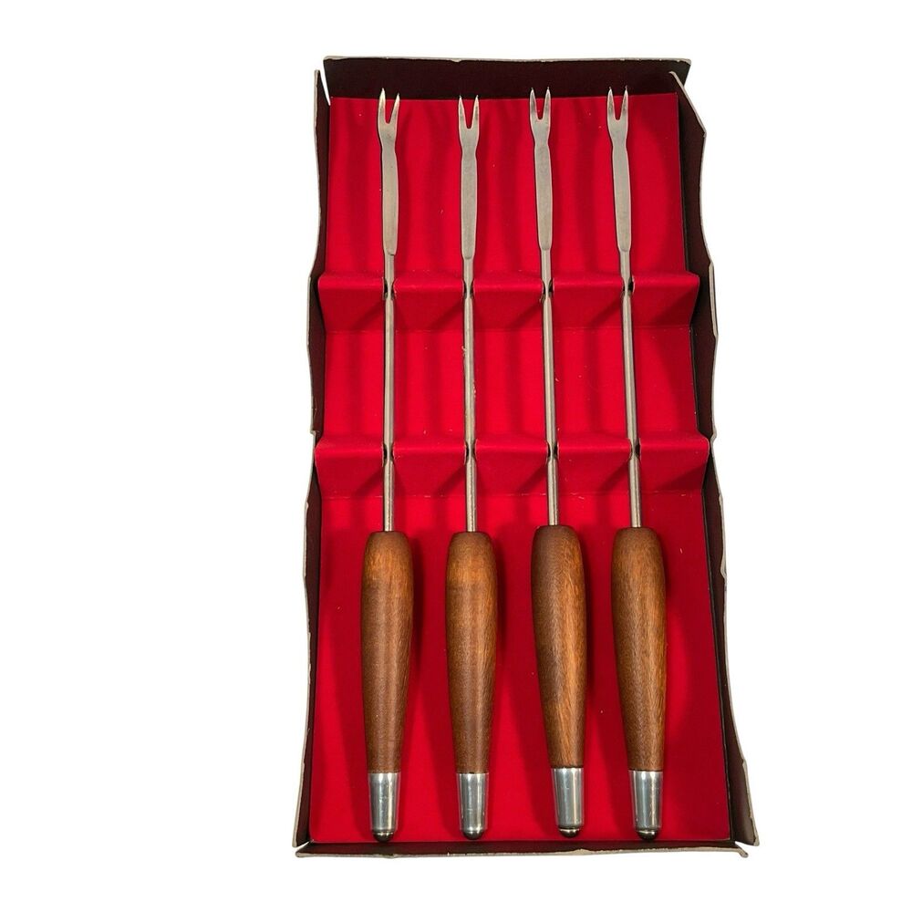 Ernest Sohn Fondue Forks Stainless Steel Teak Wood Set Of 4 MCM Mid Century NOS
